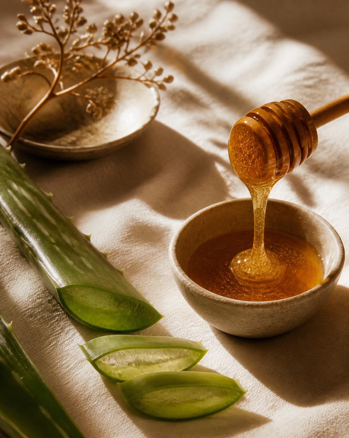 Body care ingredients arranged in warm natural light